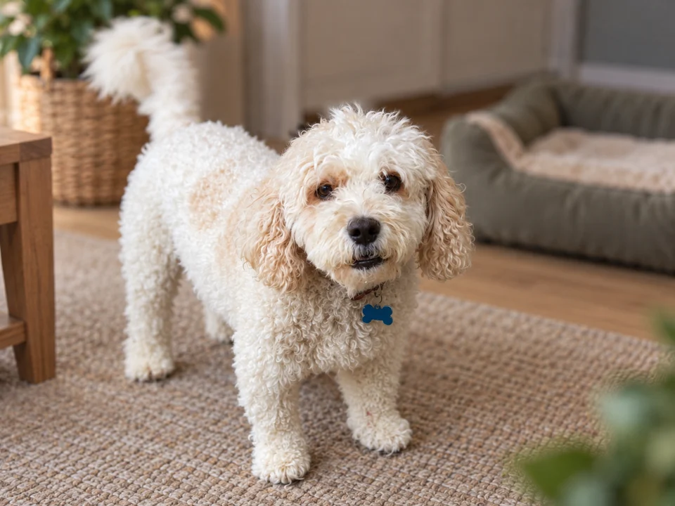 Barney at home, with a bed in the background